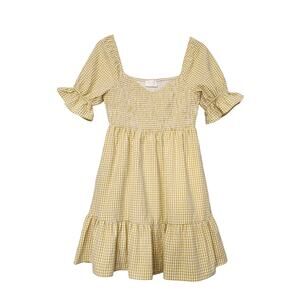 Allie Rose Yellow Puff Sleeve Gingham Smocked Babydoll Mini Dress, S